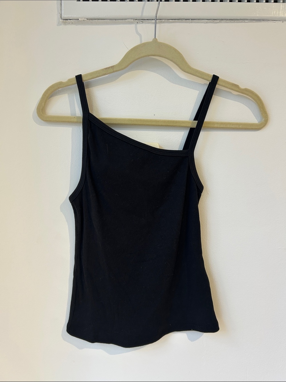 Reformation Black Asymmetric Strap Camisole, size M, 97% organic cotton